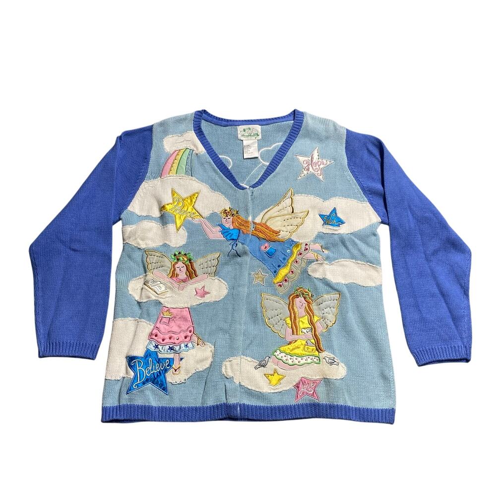 The Quacker Factory Blue Whimsical Angel Knit Button Up Sweater Size Large
